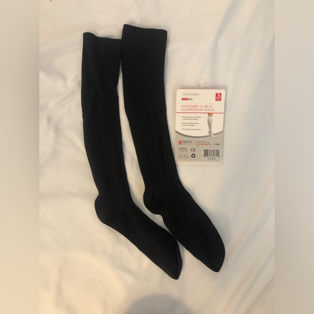 EUC Black ribbed 12in, 10mmHG compression socks, worn briefly 1x.